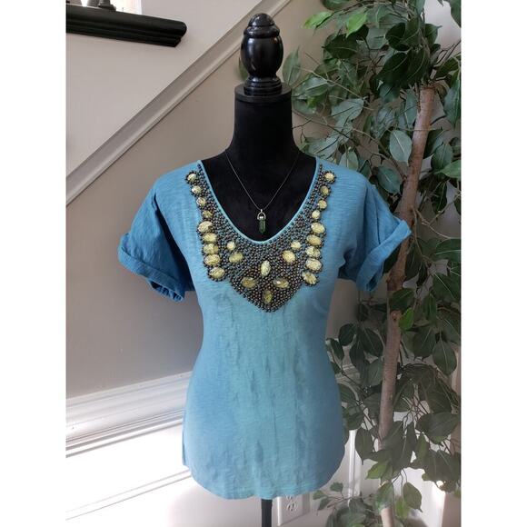 Reba Blouse Top Women's Small Blue Stretch Embellished Short Sleeve Deep V Neck - Picture 1 of 15